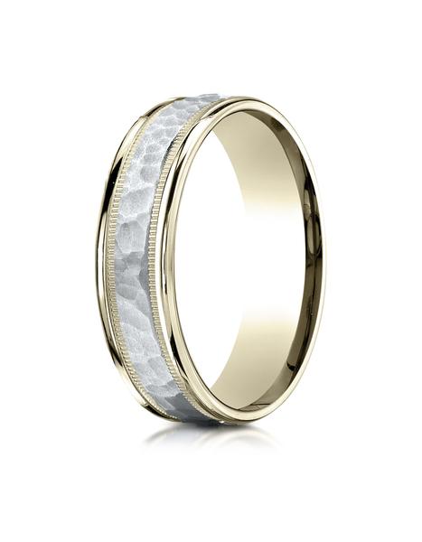 14k Two-Toned 6mm Comfort-Fit Hammered-Finished with Millgrain Carved Design Band