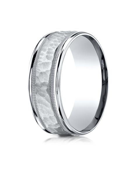 White Gold 8mm Comfort-Fit Hammered Center High Polish Round Edge And Millgrain Band