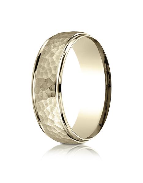 Yellow Gold Comfort Fit 7mm High Polish Edge Hammered Center Design Band