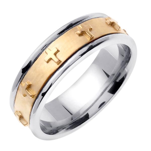 14KT YELLOW AND WHITE GOLD WEDDING RING CROSS DESIGN