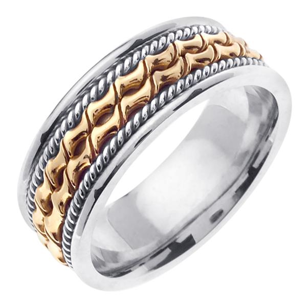 14KT YELLOW AND WHITE GOLD WEDDING RING WAVE DESIGN 8MM