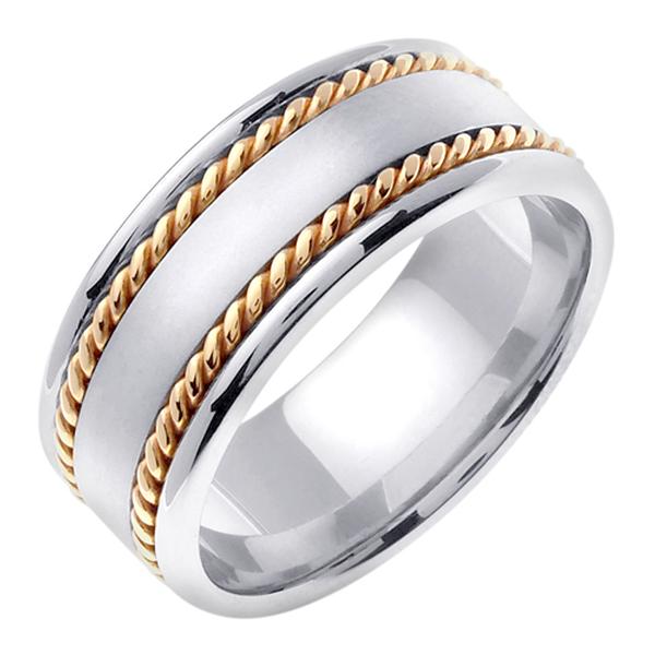 14K TWO COLORS OF GOLD WEDDING RING SATIN CENTER BRIGHT EDGES 8MM