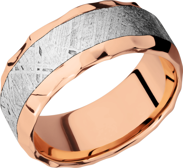 14K Rose gold 9mm beveled band with an inlay of authentic Gibeon Meteorite