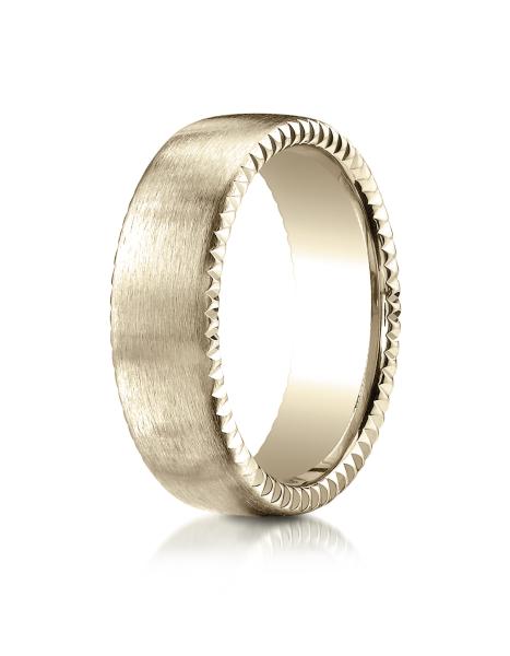 Yellow Gold 7.5mm Comfort-Fit Satin-Finished Rivet Coin Edging Carved Design Band
