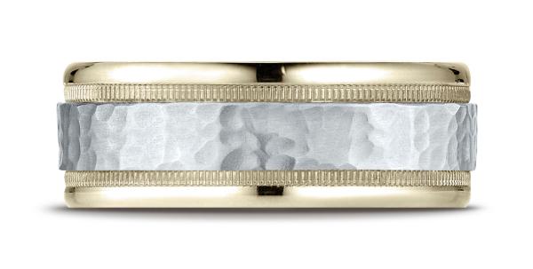 14k White And Yellow 8mm Comfort-Fit Hammered-Finished with Milgrain Carved Design Band