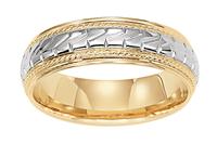 7.0MM 14K TWO TONE GOLD WEDDING RING WITH TEXTURE IN CENTER AND ON EDGES