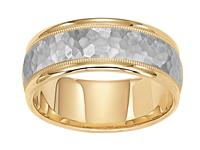 8.0MM 14K TWO TONE GOLD WEDDING RING WHITE HAMMERED CENTER WITH YELLOW EDGES