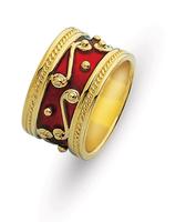 18K GOLD BYZANTINE STYLE WEDDING RING WITH RED ENAMEL 12MM