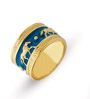 18K GOLD BYZANTINE STYLE WEDDING RING WITH BLUE ENAMEL AND HORSE MOTIF 12MM