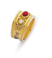 18K YELLOW GOLD BYZANTINE STYLE RING WITH RUBY AND DIAMONDS
