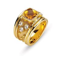 18K GOLD ETRUSCAN STYLE RING WITH TOPAZ AND DIAMONDS