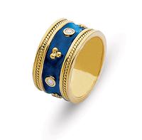 18K GOLD BYZANTINE STYLE WEDDING RING WITH DIAMONDS BLUE ENAMEL AND BEAD ACCENT