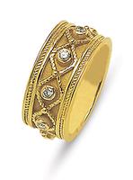 18K GOLD ETRUSCAN STYLE WEDDING RING WITH BEZEL SET DIAMONDS AND WAVY TWISTED WIRE