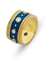 18K GOLD BYZANTINE STYLE WEDDING RING WITH BLUE ENAMEL AND BEZEL SET DIAMONDS 10MM