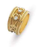18K GOLD ETRUSCAN STYLE WEDDING RING WITH BEZEL SET DIAMONDS AND DOUBLE SCROLL PATERN