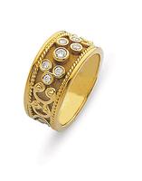 18K GOLD ETRUSCAN STYLE WEDDING RING WITH SEVEN ROUND BEZEL SET DIAMONDS