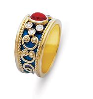 18K GOLD BYZANTINE STYLE RING WIRE DESIGN BLUE ENAMEL WITH RUBY AND DIAMONDS