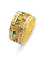 18K GOLD BYZANTINE STYLE WEDDING RING WITH SQUARE EMERALDS AND DIAMONDS