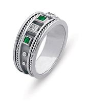 18K WHITE GOLD BYZANTINE STYLE WEDDING RING WITH SQUARE EMERALDS AND DIAMONDS
