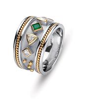 18K TWO TONE GOLD BYZANTINE STYLE WEDDING RING WITH TRILLION DIAMONDS AND EMERALD