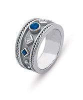 18K ETRUSCAN STYLE WEDDING RING WITH PRINCESS CUT BEZEL SET SAPPHIRES AND DIAMONDS