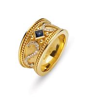 18K GOLD BYZANTINE STYLE WEDDING RING WITH SQUARE SAPPHIRE AND DIAMOND SWIRLS