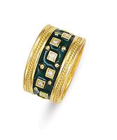 18K GOLD BYZANTINE STYLE WEDDING RING GREEN ENAMEL WITH DIAMONDS SET IN SQUARE BEZELS