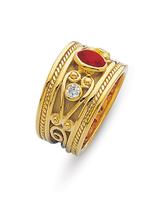 18K YELLOW GOLD BYZANTINE STYLE RING WITH CABACHON RUBY AND DIAMONDS