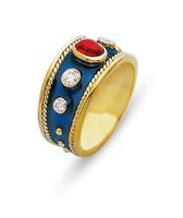 18K GOLD BYZATINE STYLE RING BLUE ENAMEL WITH RUBY AND DIAMONDS