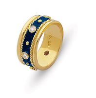 18K GOLD BYZANTINE STYLE WEDDING RING WITH BLUE ENAMEL AND DIAMONDS WITH ROPE ACCENT