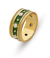 18K GOLD BYZANTINE STYLE WEDDING RING WITH GREEN ENAMEL AND BEZEL SET DIAMONDS