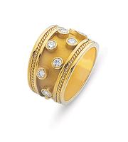 18K GOLD BYZANTINE STYLE WEDDING RING WITH SCATTERED BEZEL SET DIAMONDS