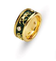 18K GOLD BYZANTINE STYLE WEDDING RING WITH GREEN ENAMEL AND EQUINE CARVINGS
