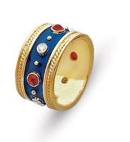 18K GOLD BYZANTINE STYLE WEDDING RING WITH BLUE ENAMEL AND BEZEL SET DIAMONDS AND RUBIES