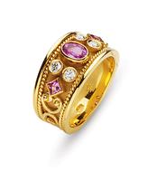 18K GOLD BYZANTINE STYLE RING WITH PINK SAPPHIRES AND DIAMONDS