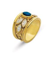 18K GOLD BYZANTINE STYLE RING WITH SAPPHIRE AND MARQUISE DIAMONDS