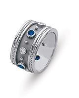 18K WHITE GOLD ETRUSCAN STYLE WEDDING RING WITH BEZEL SET DIAMONDS AND SAPPHIRES 9MM