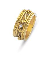 BEZEL SET WITH SCROLL BYZANTINE STYLE WEDDING RING IN 18K GOLD