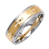 6.0 MM 14K TWO TONE GOLD WEDDING RING WITH CROSS DESIGN IN CENTER