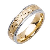 6.0 MM 14K TWO TONE GOLD WEDDING RING WITHD SCROLL DESIGN IN CENTER
