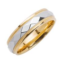 6.0 MM 14K TWO TONE GOLD WEDDING RING WITH FACETED DESIGN IN CENTER