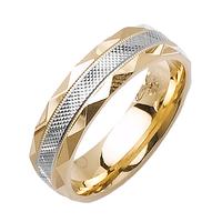 6.0 MM 14K TWO TONE GOLD WEDDING RING WITH TEXTURED CENTER AND FACETED EDGES