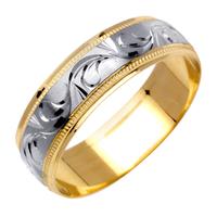 5.0 MM 14K TWO TONE GOLD WEDDING RING WITH SCROLL DESIGN IN CENTER
