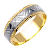 6.0 MM 14K TWO TONE GOLD WEDDING RING WITH ANGULAR LINES IN CENTER