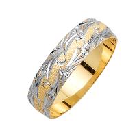 6.0 MM 14K TWO TONE GOLD WEDDING RING WITH SCROLL DESIGN ON EDGES