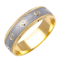 6.0 MM 14K TWO TONE GOLD WEDDING RING WHITE CENTER WITH YELLOW EDGES AND NAIL HEAD DESIGN