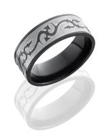 SILVER COLORED ZIRCONIUM WEDDING RING WITH BLACK THORN PATTERN 8MM