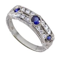 ENGRAVED VICTORIAN STYLE SAPPHIRE AND DIAMOND WEDDING RING IN GOLD OR PLATINUM