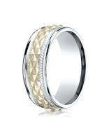 14K Yellow And White 8mm Comfort Fit Round Edge Cross Hatch Patterned Band
