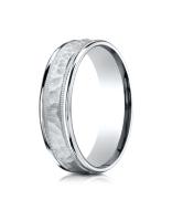 White Gold 6mm Comfort-Fit Hammered Center High Polish Round Edge Carved Design Band